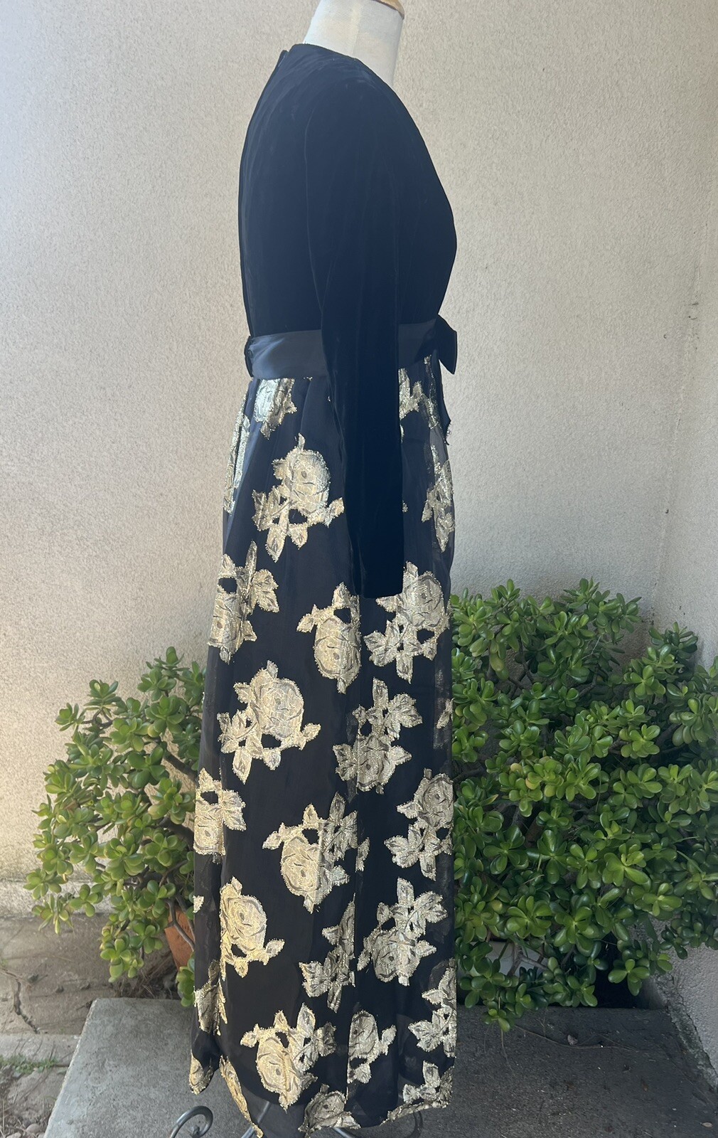 Vtg Glam Maxi Evening Dress Black Gold Velvet Brocade Chiffon 6 Sm Roger Milot