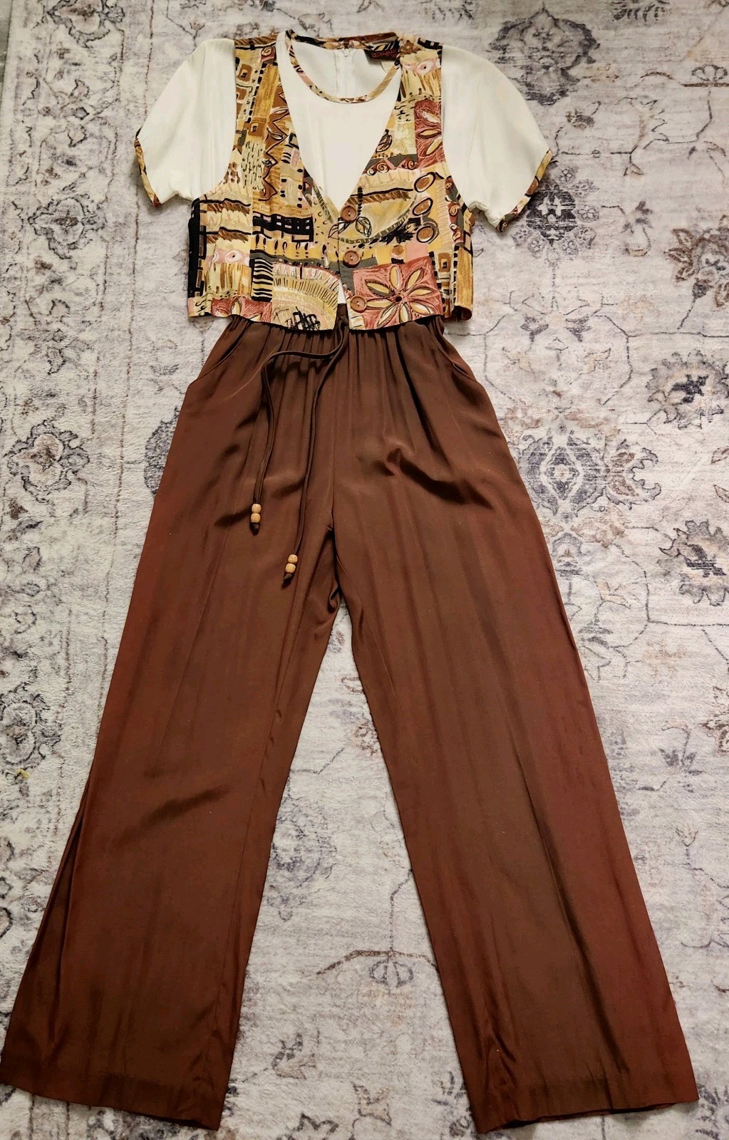 Vintage JB Wright Petit Size 4 Jumpsuit Wide Leg With Vest Cream Brown Geometric