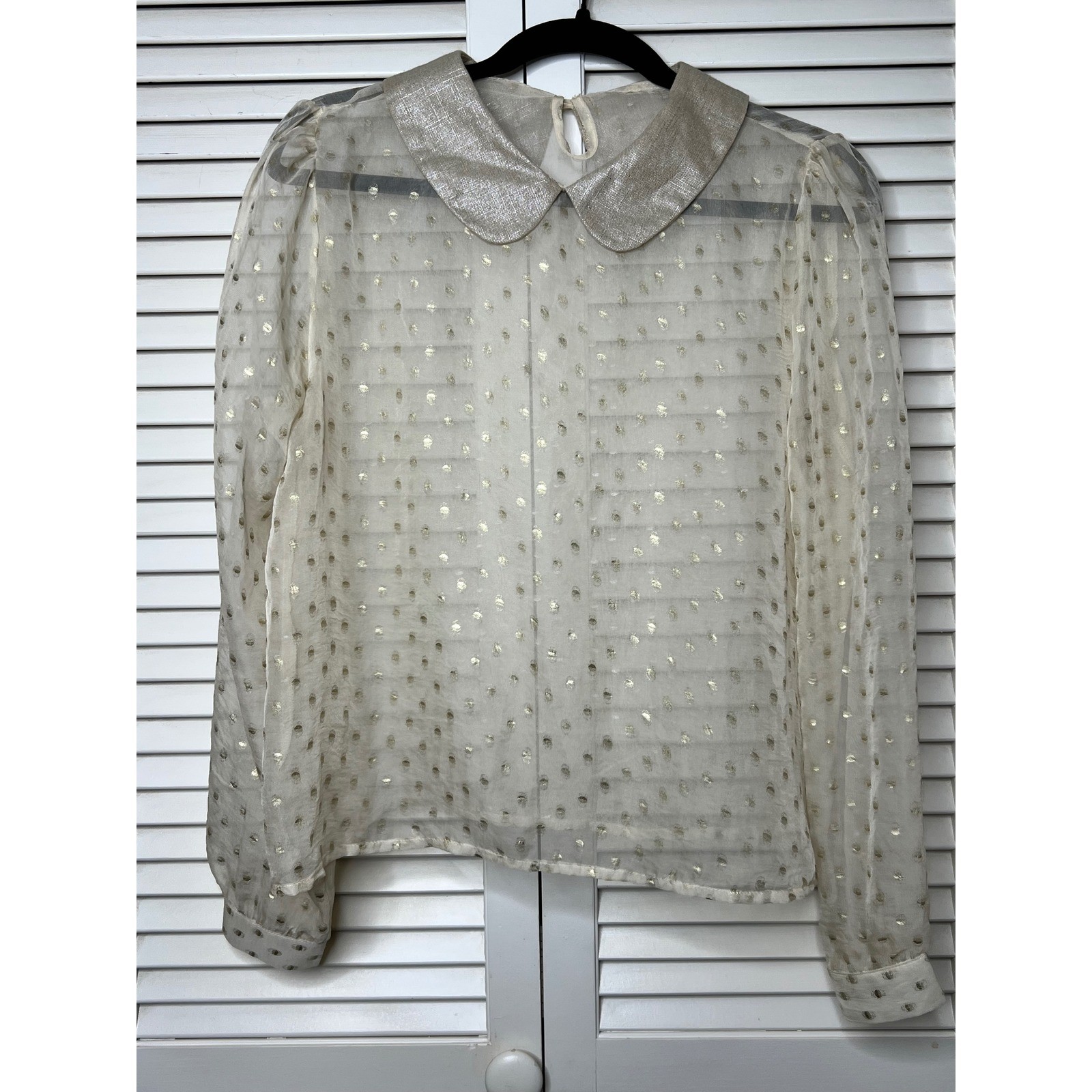 Vintage Sheer Ivory Gold Clip Dot Blouse Peter Pan Collar Size L