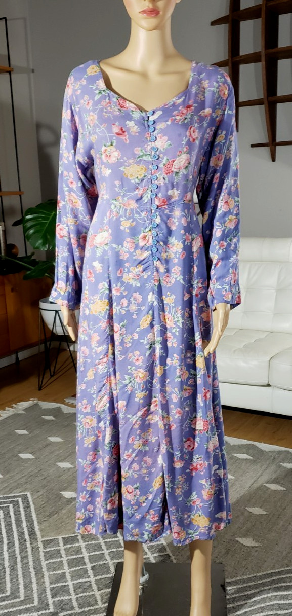 Vintage 80s Bohemian Hippie Papillon India Rayon Floral Dress Large Cottagecore