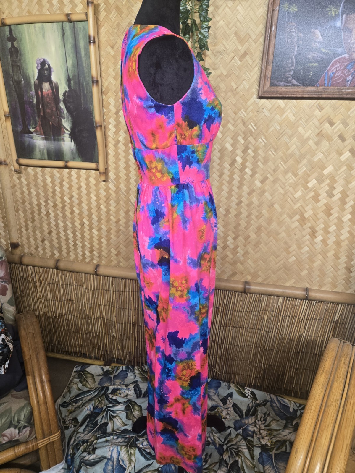 Vintage Gallant Of California Hawaiian Styled Barkcloth Maxi Aloha Dress w1155