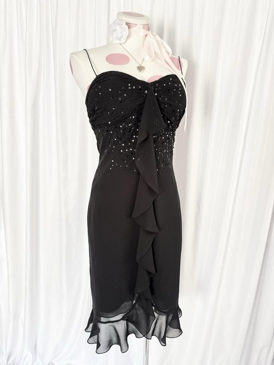 Vintage Y2K Black Ruffle Fairy Beaded Sequin Euro Formal Gown Mini Party Dress 6