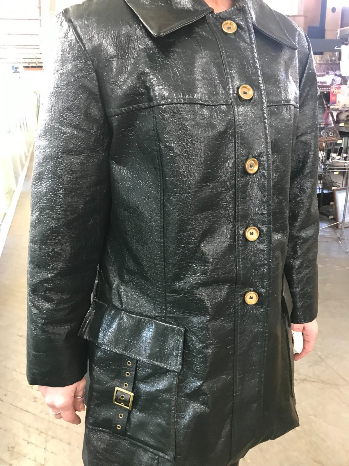 Vtg Swingles by Character MCM 70s Hippie Black Crinkle Pleather Jacket Coat Med