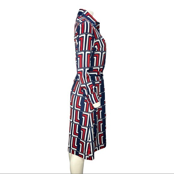 VINTAGE 70’s LANVIN Paris Red White & Blue Long sleeve Shirt Dress Sz 10 w/Belt