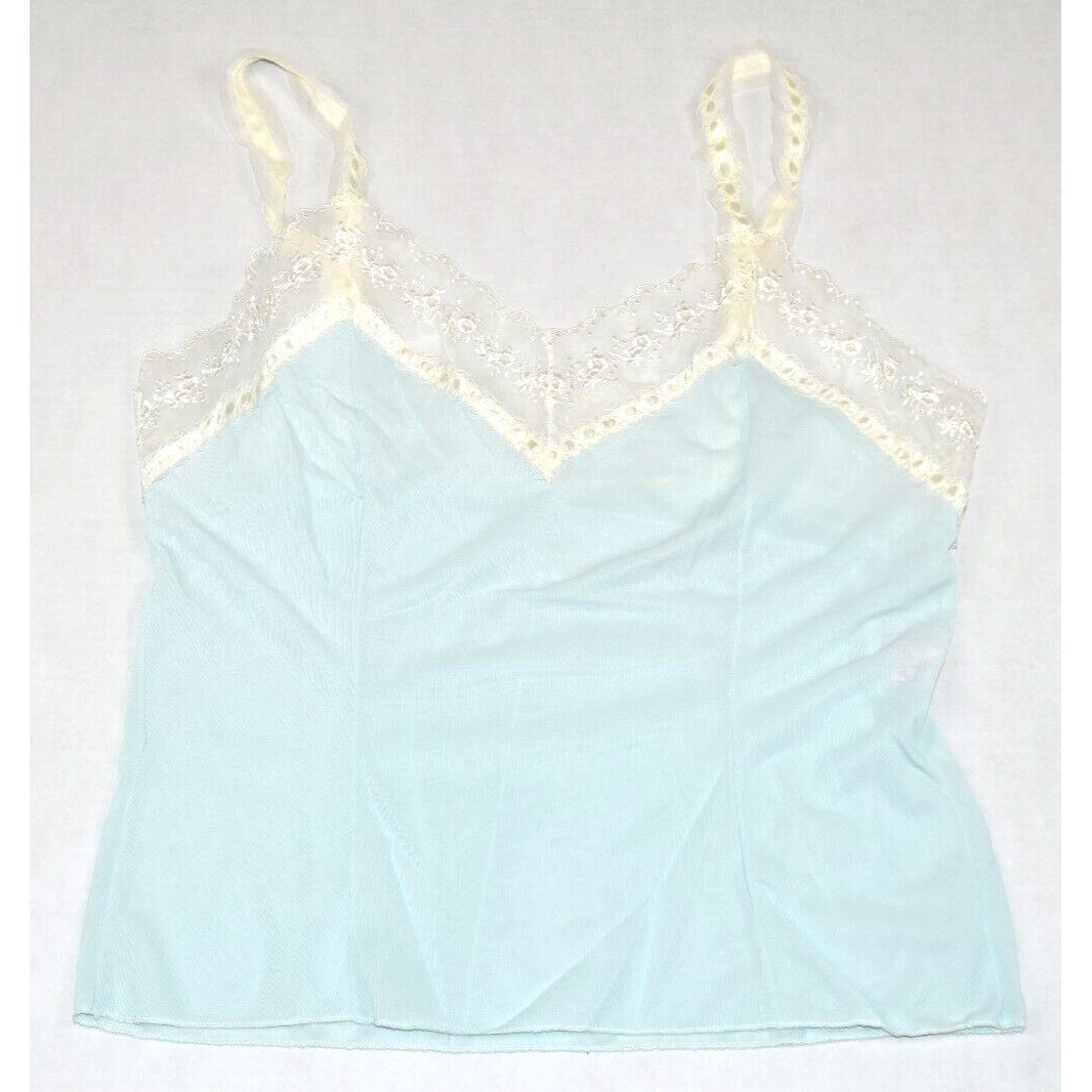 Camisole VTG Carol Brent 50s Powder Blue White Rose Lace Ribbon Straps S/M