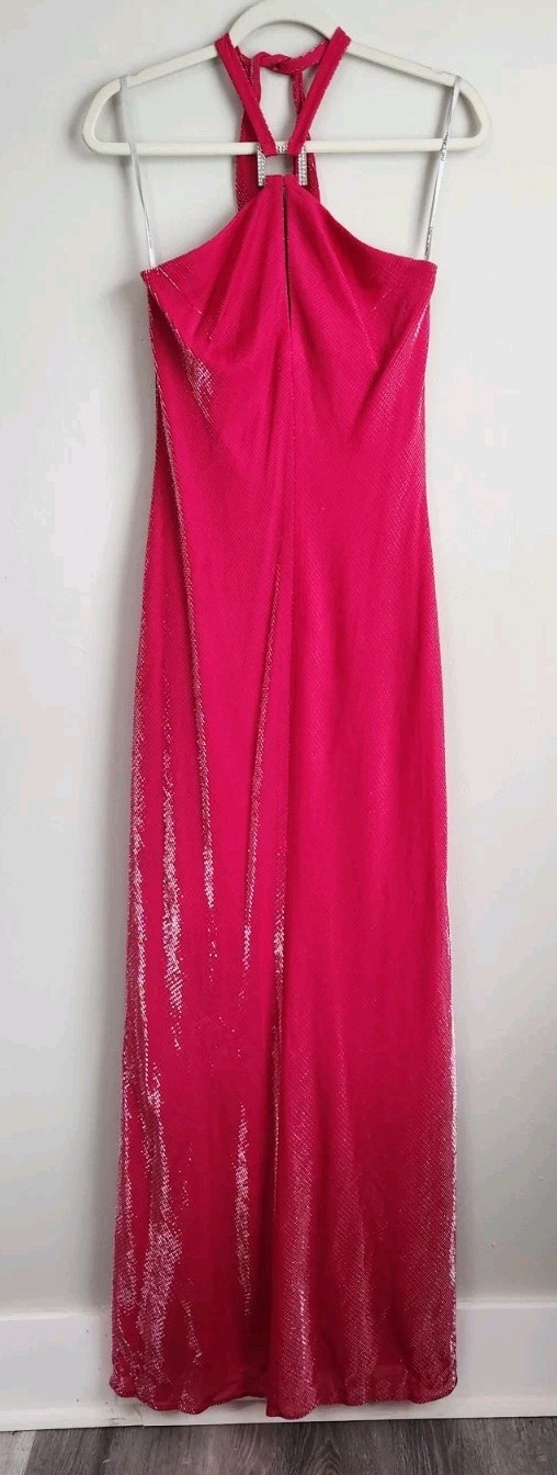 Vintage 90s Y2k Dress De Laru Prom Gown Halter Hot Pink Metallic 7 8