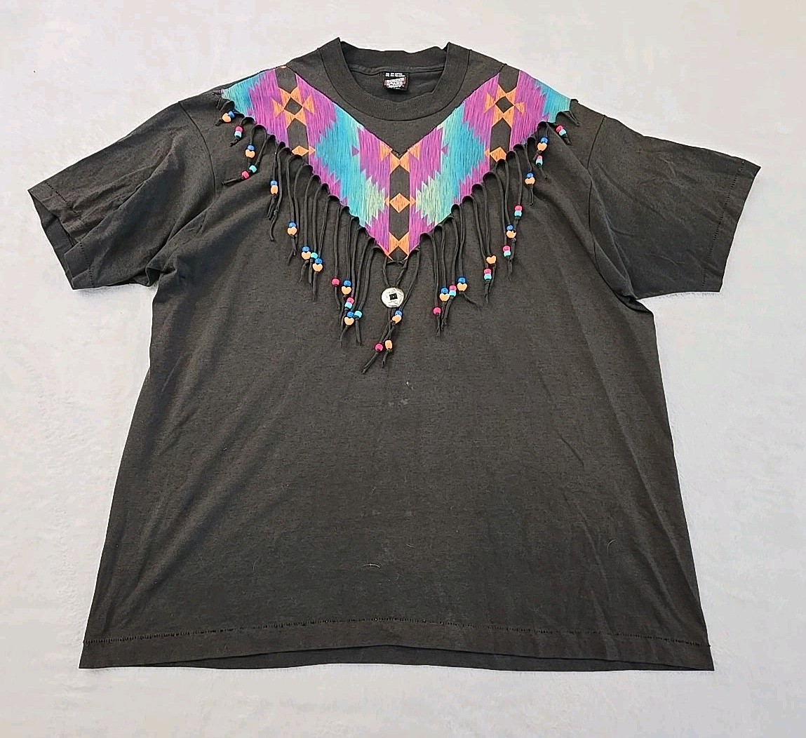 Screen Stars Best Vtg 90s Aztec Fringe Beaded Tshirt Unisex Sz 2XL Single Stitch
