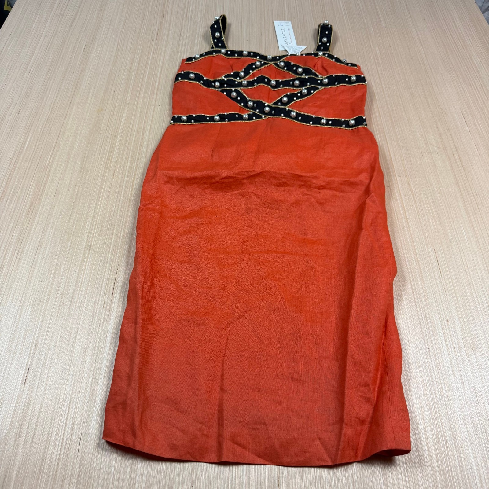 80s 90s Vintage Davinci Midi Dress Pearls Orange Black size 6 Party Festival
