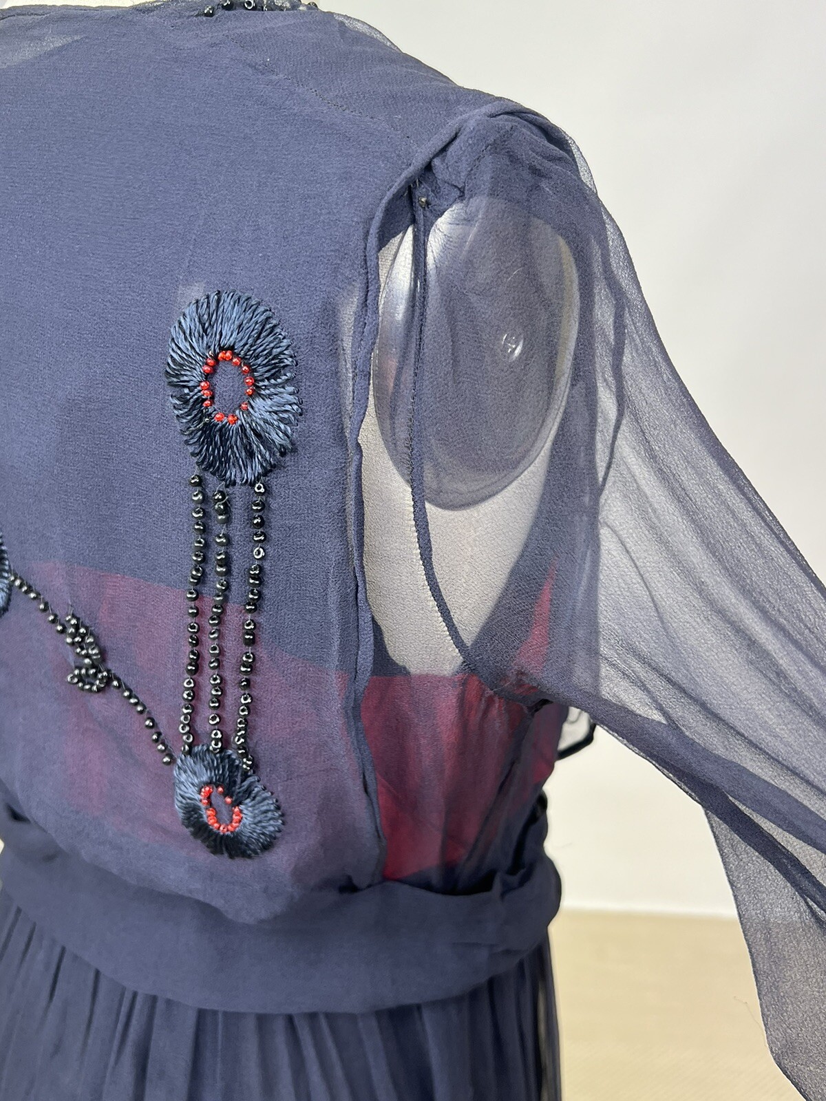 Antique 1910s 1920s Navy Blue Silk Chiffon Dress Floral Embroidery Beading AS IS