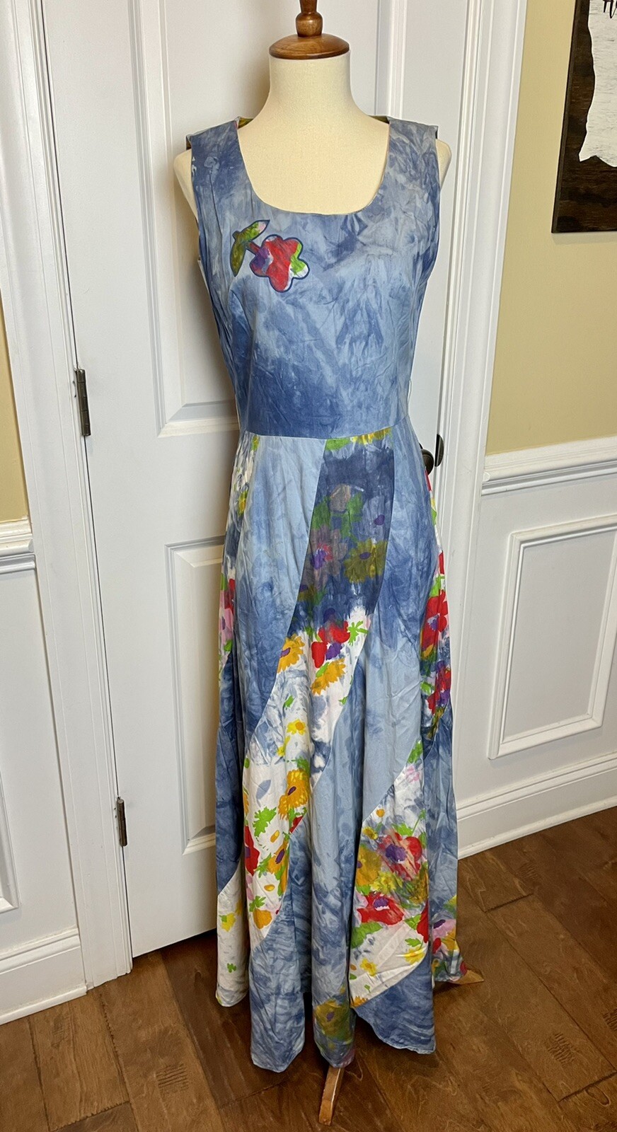 Vtg 60s Eve Le Coq Tie Dye Floral Maxi Dress Avril Cotton Sleeveless Sz S/XS