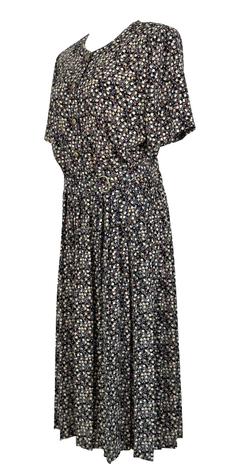 Leslie Fay Womans Size 14 Dress Floral Black Vintage Belted Midi Classic Modest