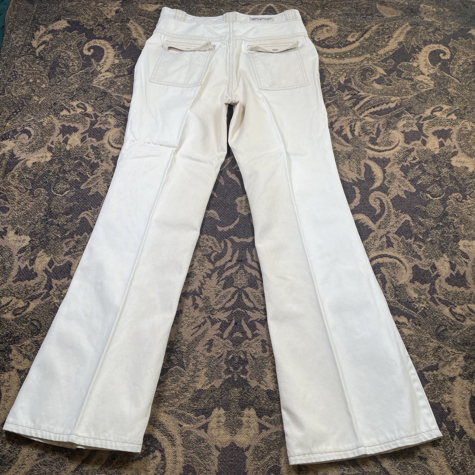 Vtg 70s Grape Vines Cargo Flare Wide Leg Beige Pants Juniors Size 32×33