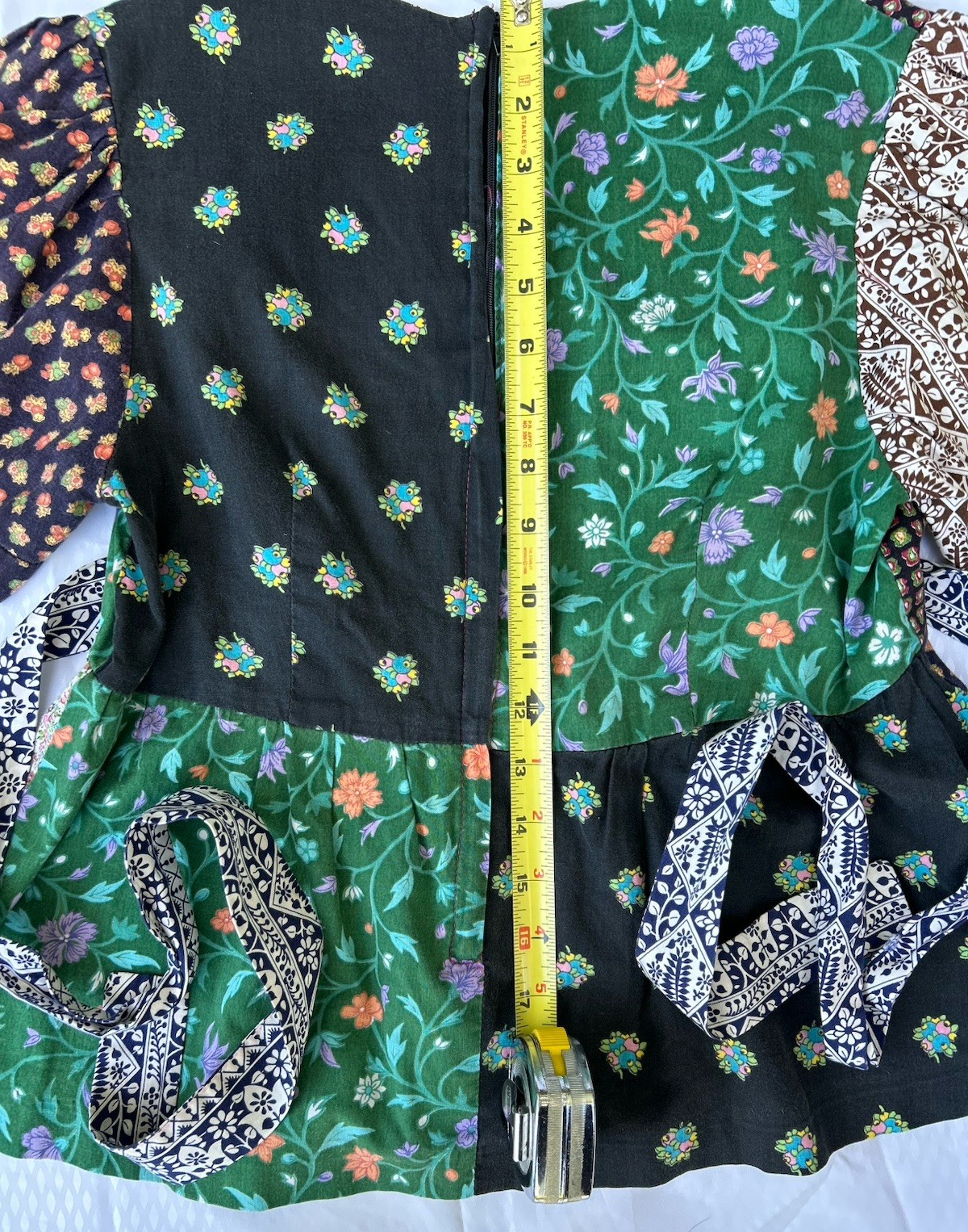 Vtg 1975 Boho Sm Blouse Pieced Quilt Patchwork Empire Waist Tie Back Eyelet yoke