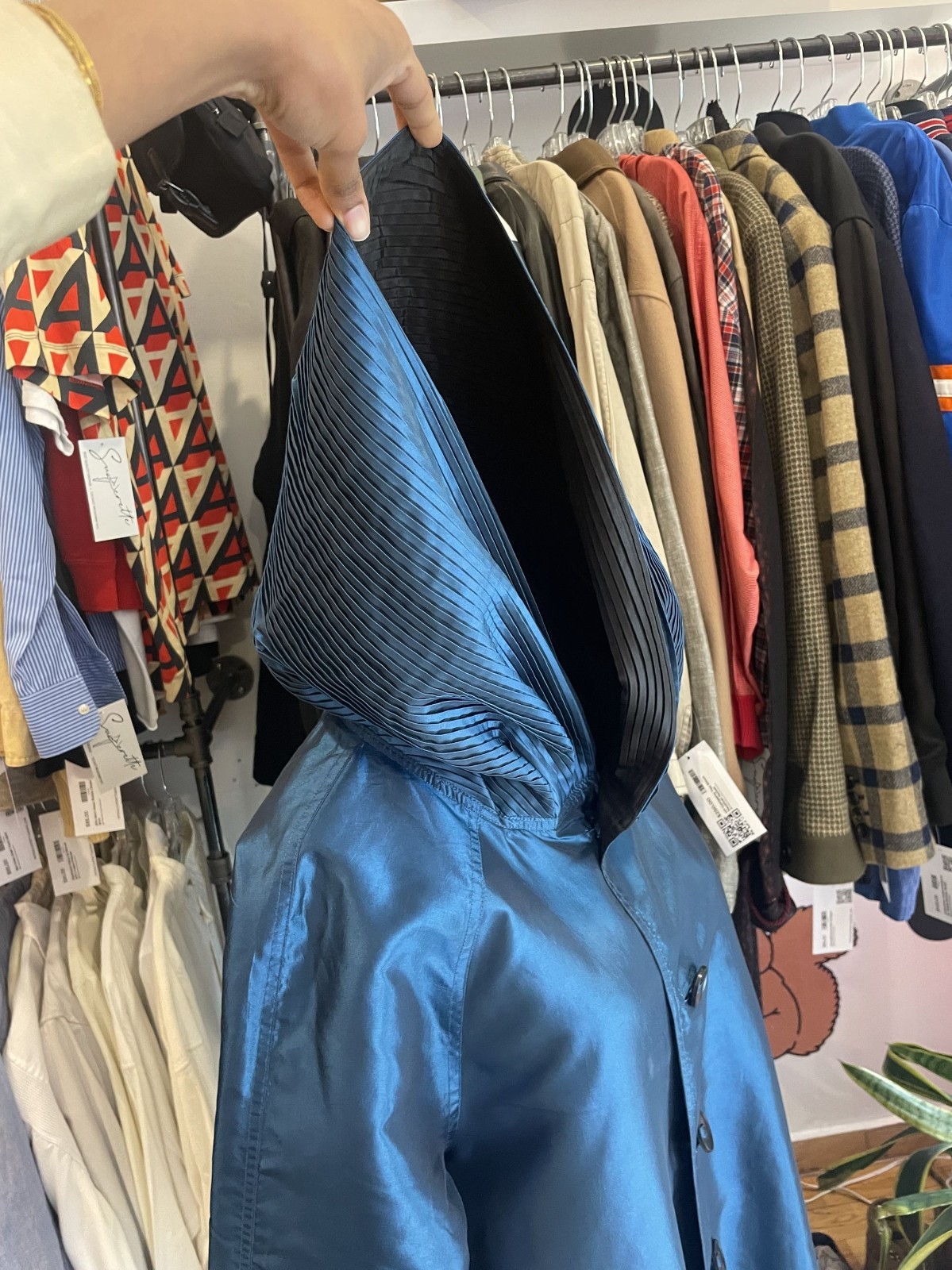*Reversible* Blue and Black Windbreaker material long trench with pleated hood—M