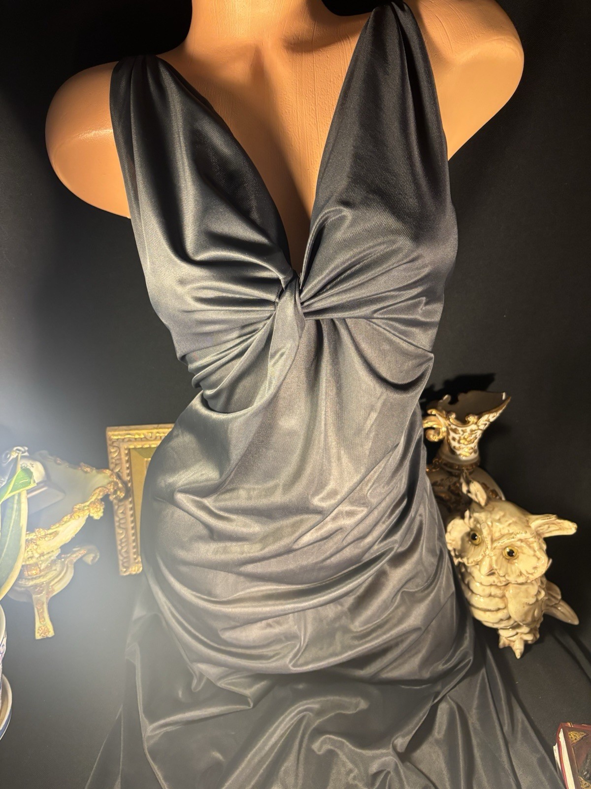 Vtg Silky Jet Black Wrap Bodice Frosted Shiny Long Gown Negligee Nightgown S