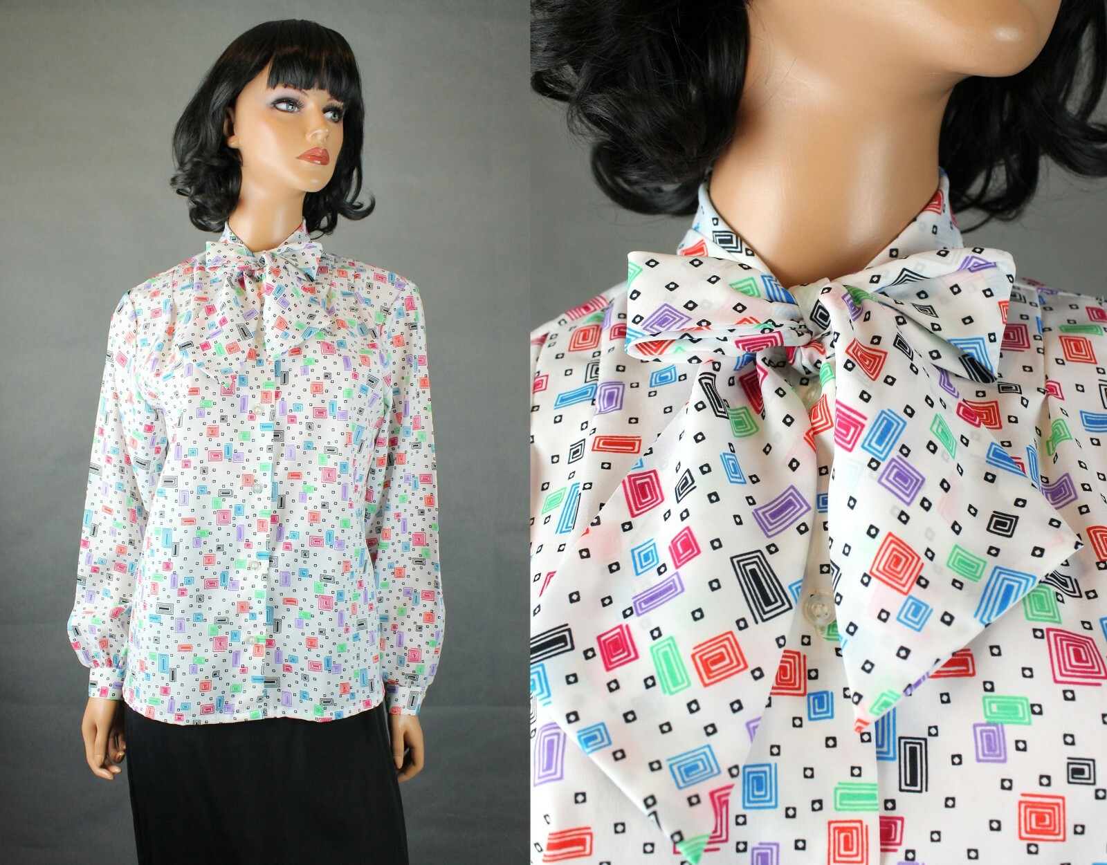 Pussy Bow Blouse Sz L Vintage 80s Funky White Geometric Long Sleeve Dress Shirt