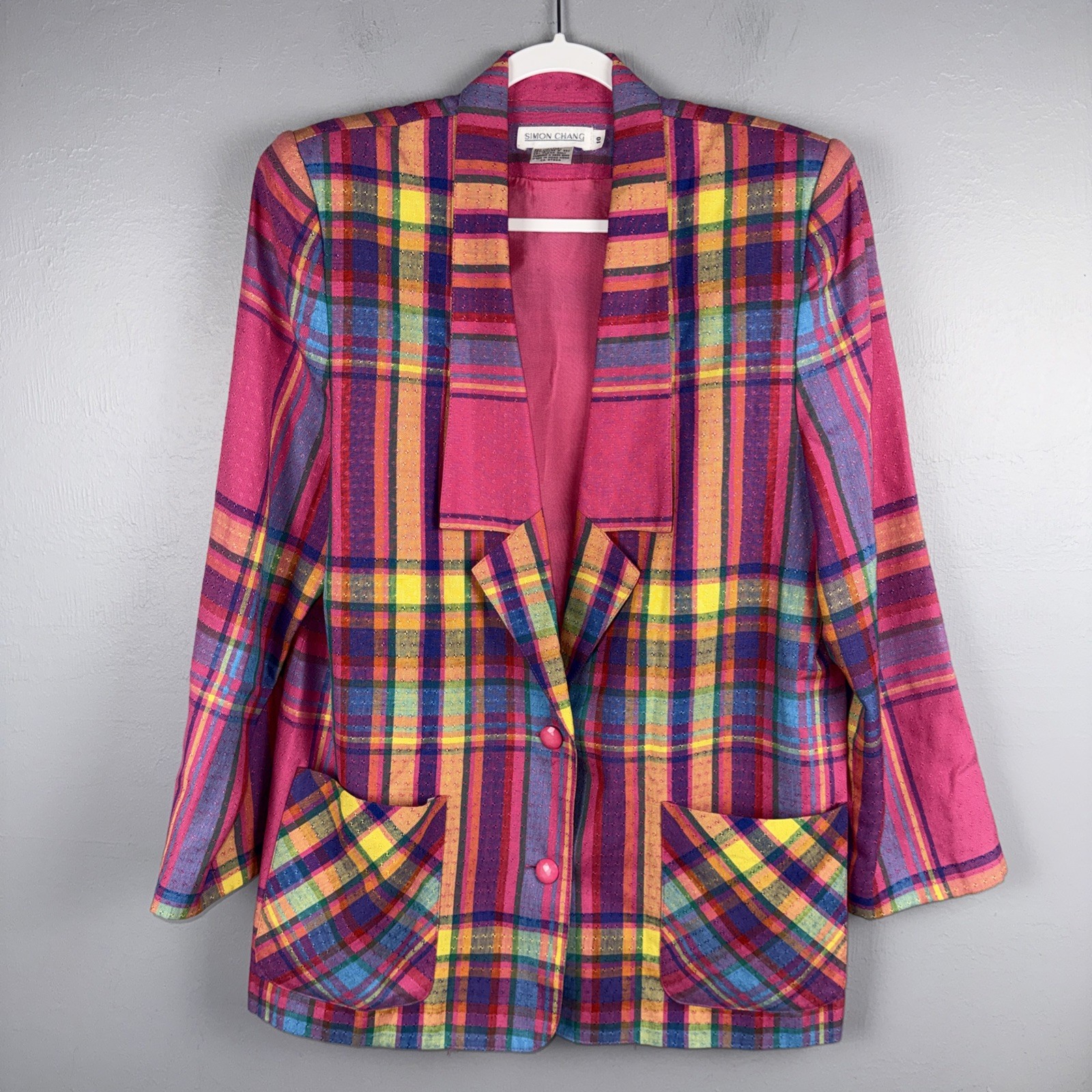 Simon Chang Vintage Blazer Women’s 10 Pink Multicolor Plaid Retro Shoulder Pads