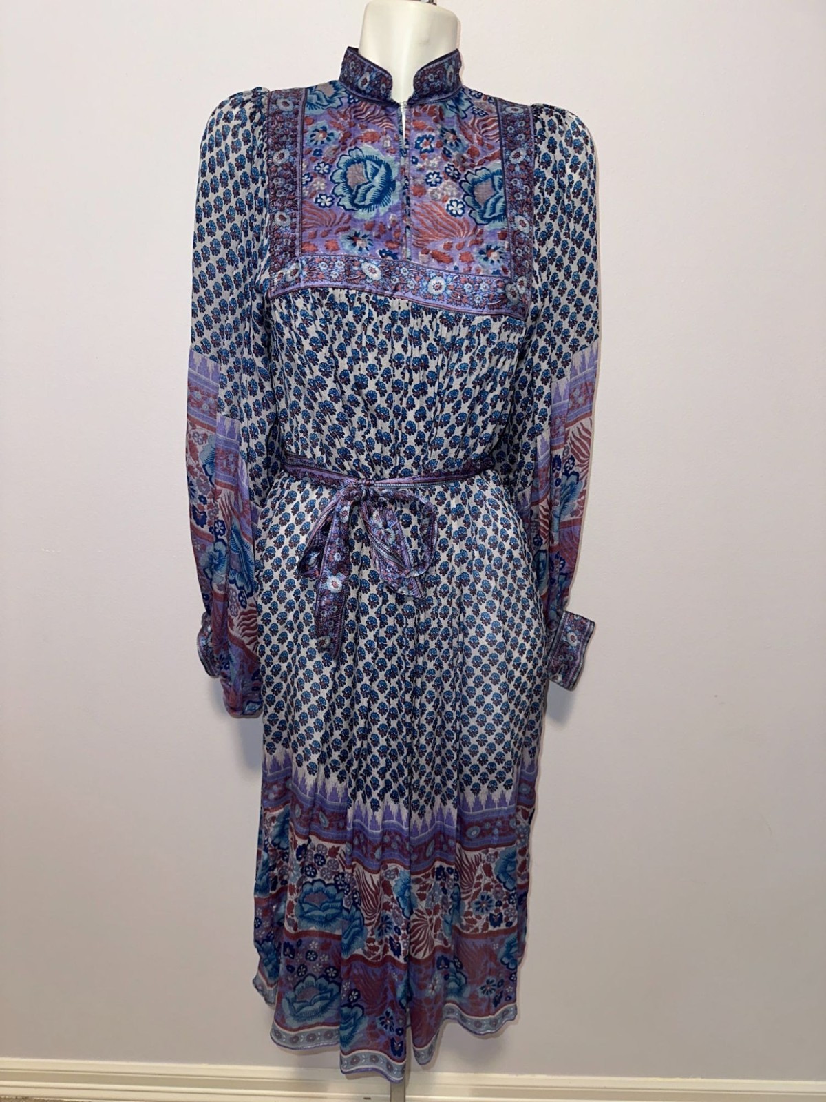 Vintage 70s Ritu Kumar Judith Ann Silk Block Blue Kaftan Dress XS Balloon Sleeve
