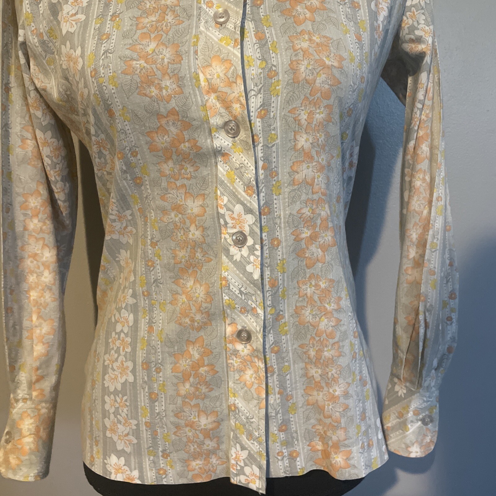 Vintage College Town Small Floral Stripe Button Down High Collared Blouse Top