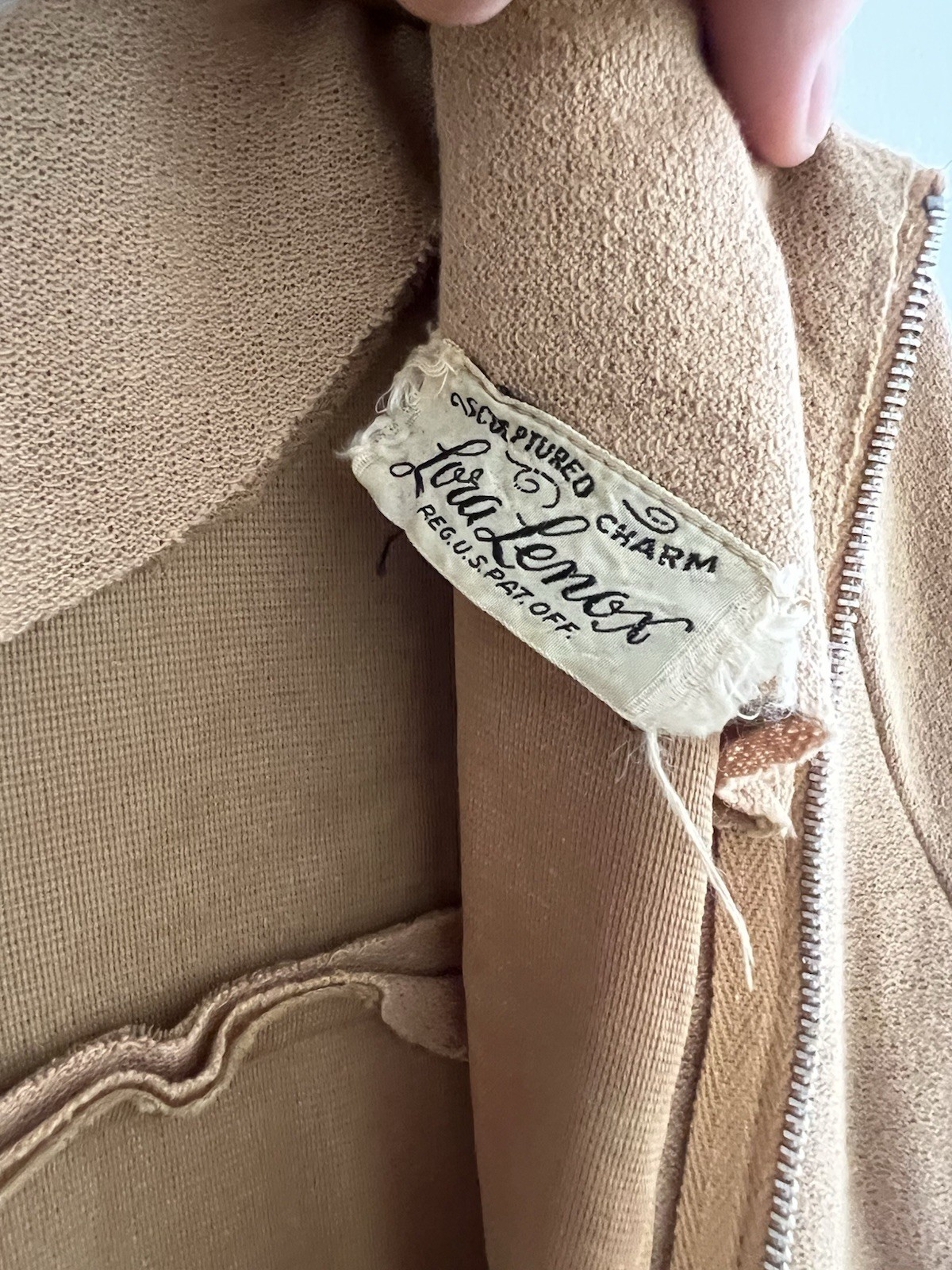 Vintage Lora Lenox Sculptured Charm Dress Tan Short Sleeve 1950s Zip Back