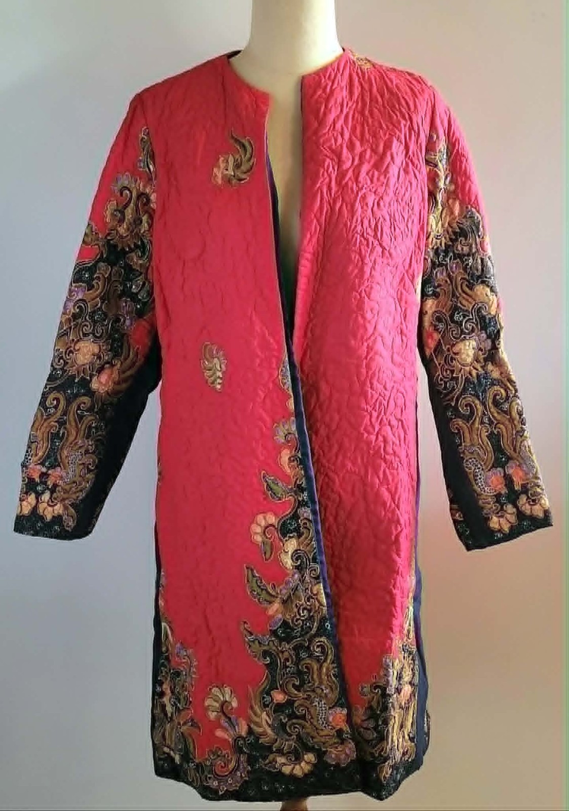 Vintage 1980s Asian Quilted Jacket Coat Pink Floral Penang Malaysia AU 12-14