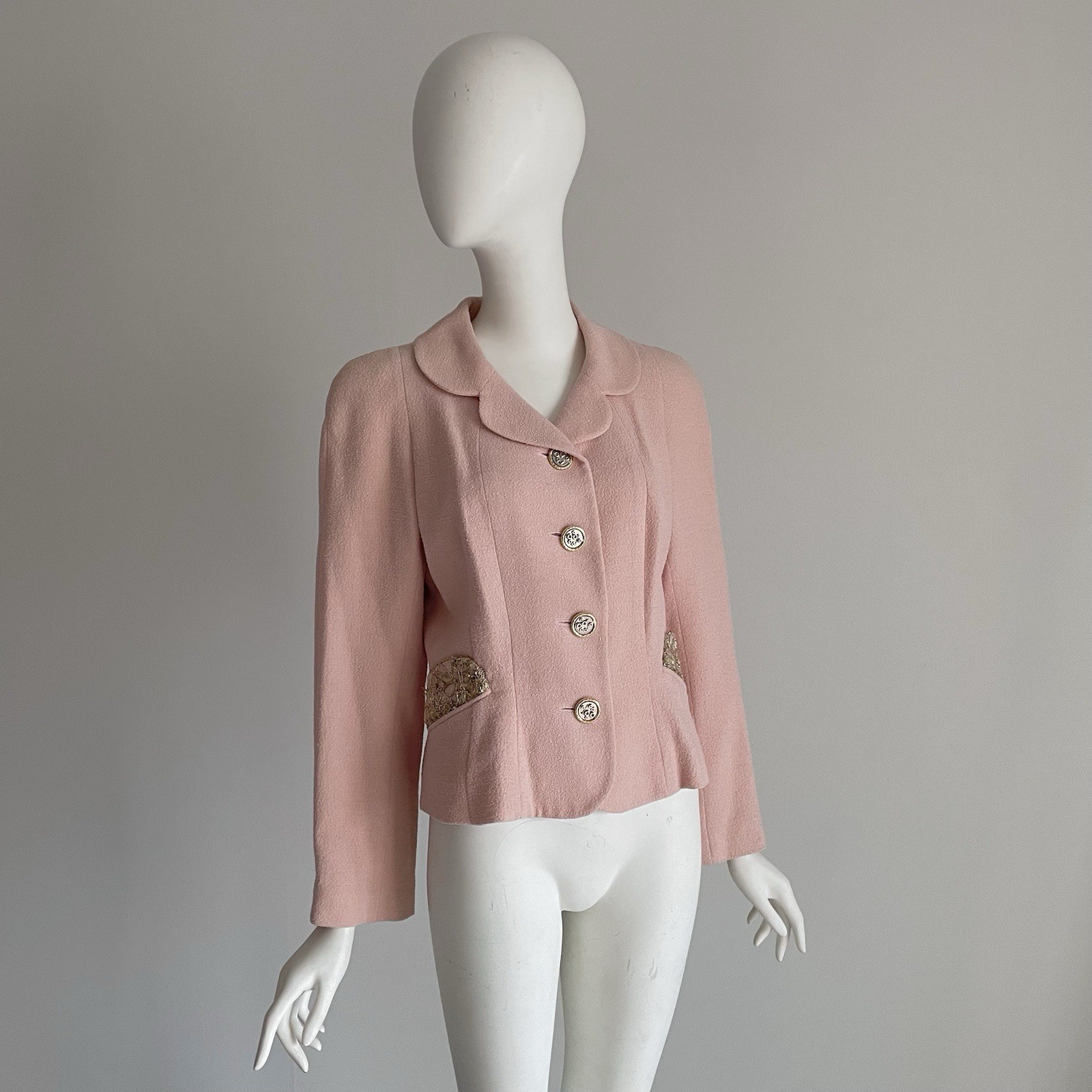 Vintage 1990s Balenciaga Pink Bouclé Jacket Blazer Sequin Gold Silver Size Large