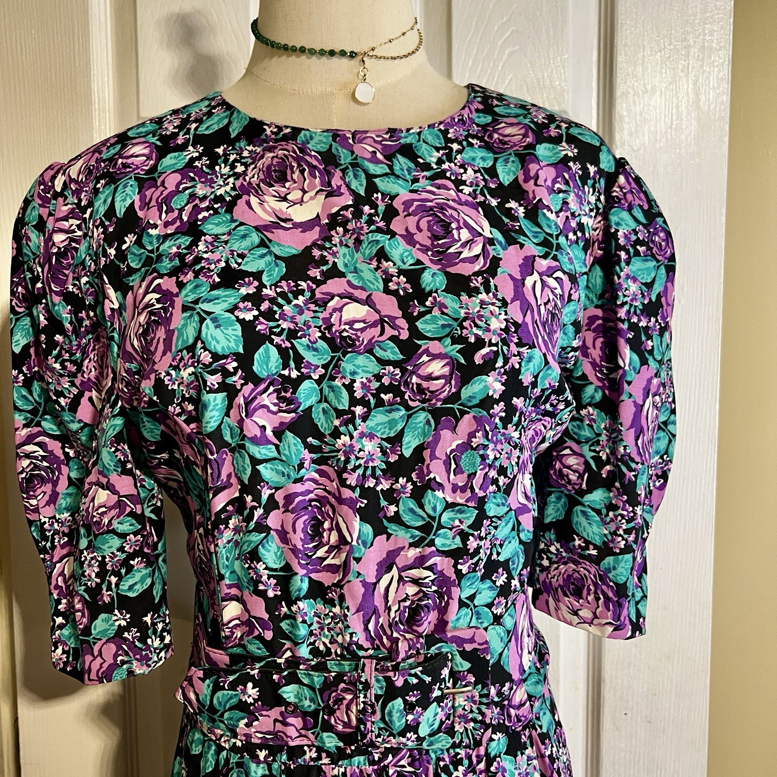 SL Fashions Vtg 90s Floral Belted Pleated Puff Sleeve Fit&Flare Maxi Dress 12
