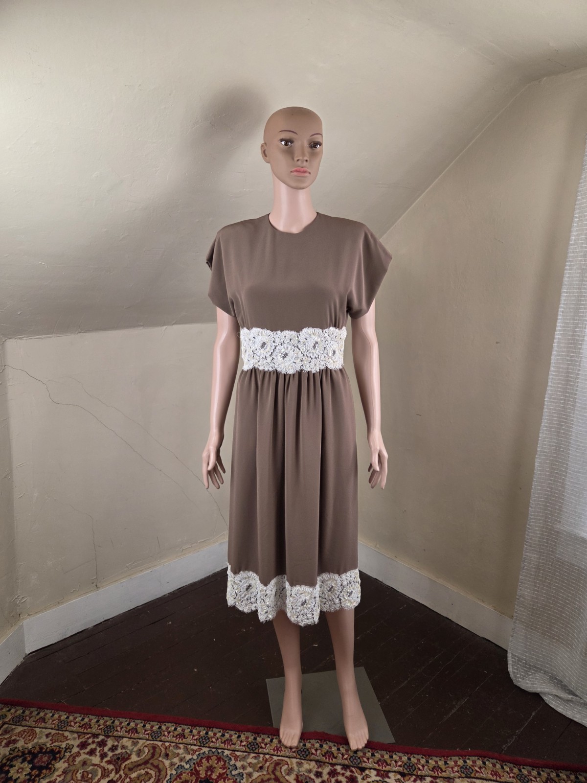 VTG William Pearson Brown Midi Dress Beaded Lace Trim Made USA Size 6 70s 80s