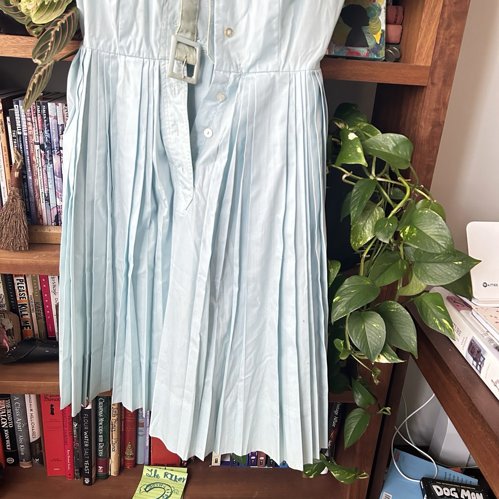 Vintage Light Blue Pleated Belted Dress by Westbury Fashions