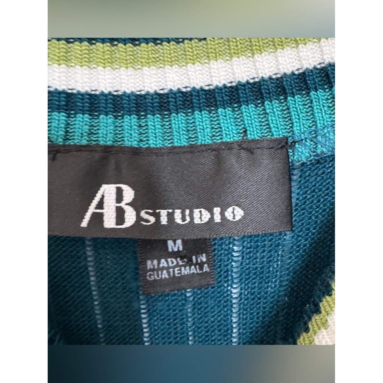 AB Studio Chevron Pointelle Knit Top Medium Teal Green Striped Retro lightweight