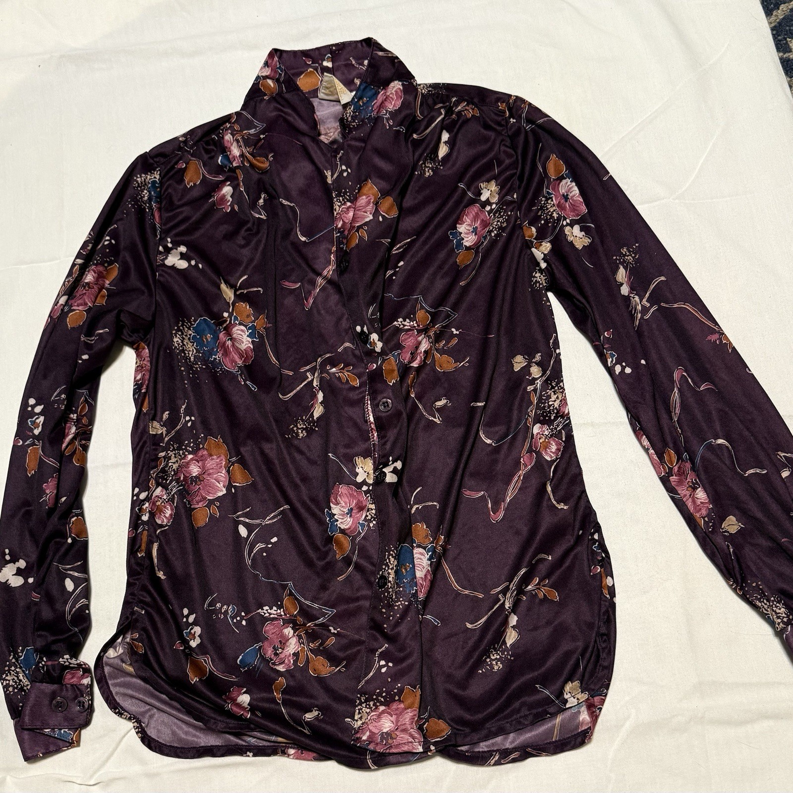Vintage 70s Plum Satin Floral Blouse | Career Guild Taiwan ROC | Sz 14