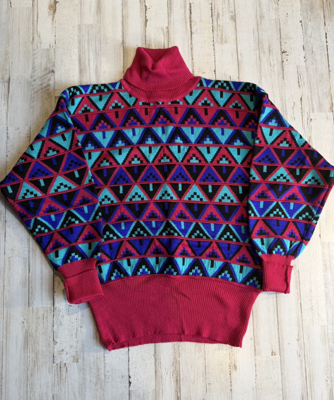 VTG 80’s Tyrolia Colorful Geometric Design WOOL Blend Snow Ski Sweater Sz M (D