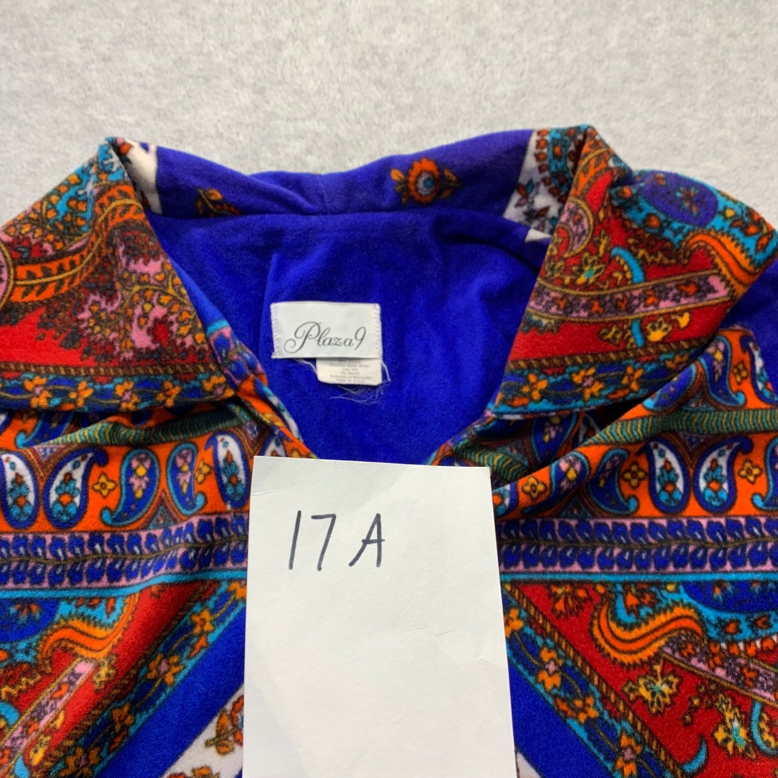 Vtg Plaza 9 Blue Psychedelic Paisley Geometric Velour Robe House Dress 70s Sm/Md