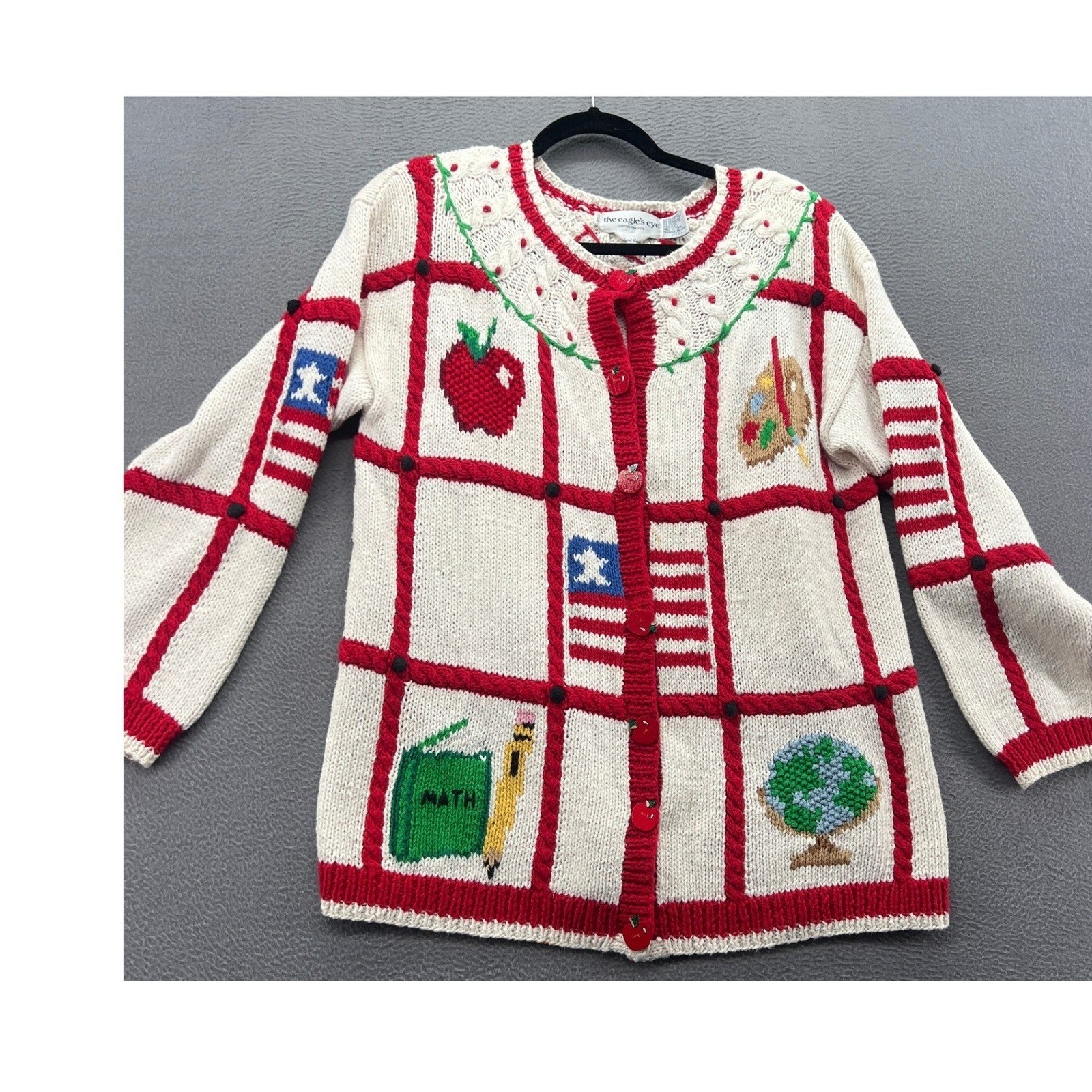 Vintage The Eagle’s Eye Hand Knit Teacher School Cardigan Sweater Cream Red 1993