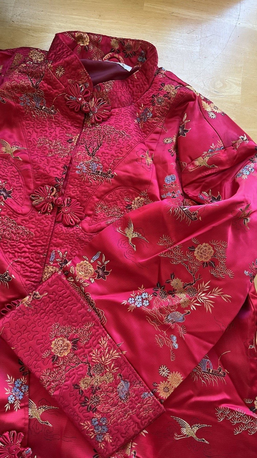 Vtg Solz Squirrel Brand Red Satin Long Chinese Jacket Kimono Robe Frog Knot XL