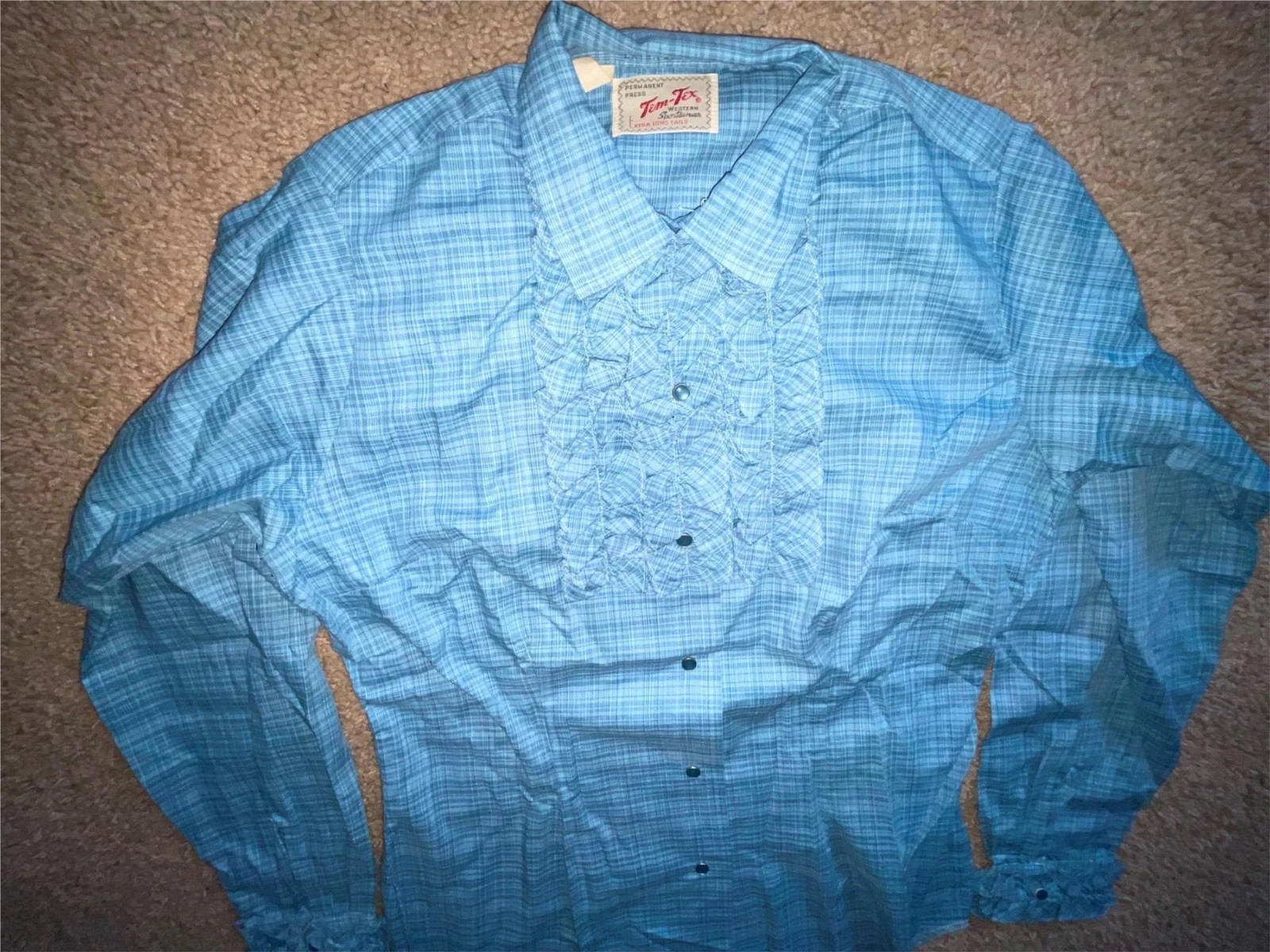 VTG 70s WOMENS XS PLAID STRIPE BROWN YELLOW BLUE TEM TEX WESTERN COWBOY SHIRT