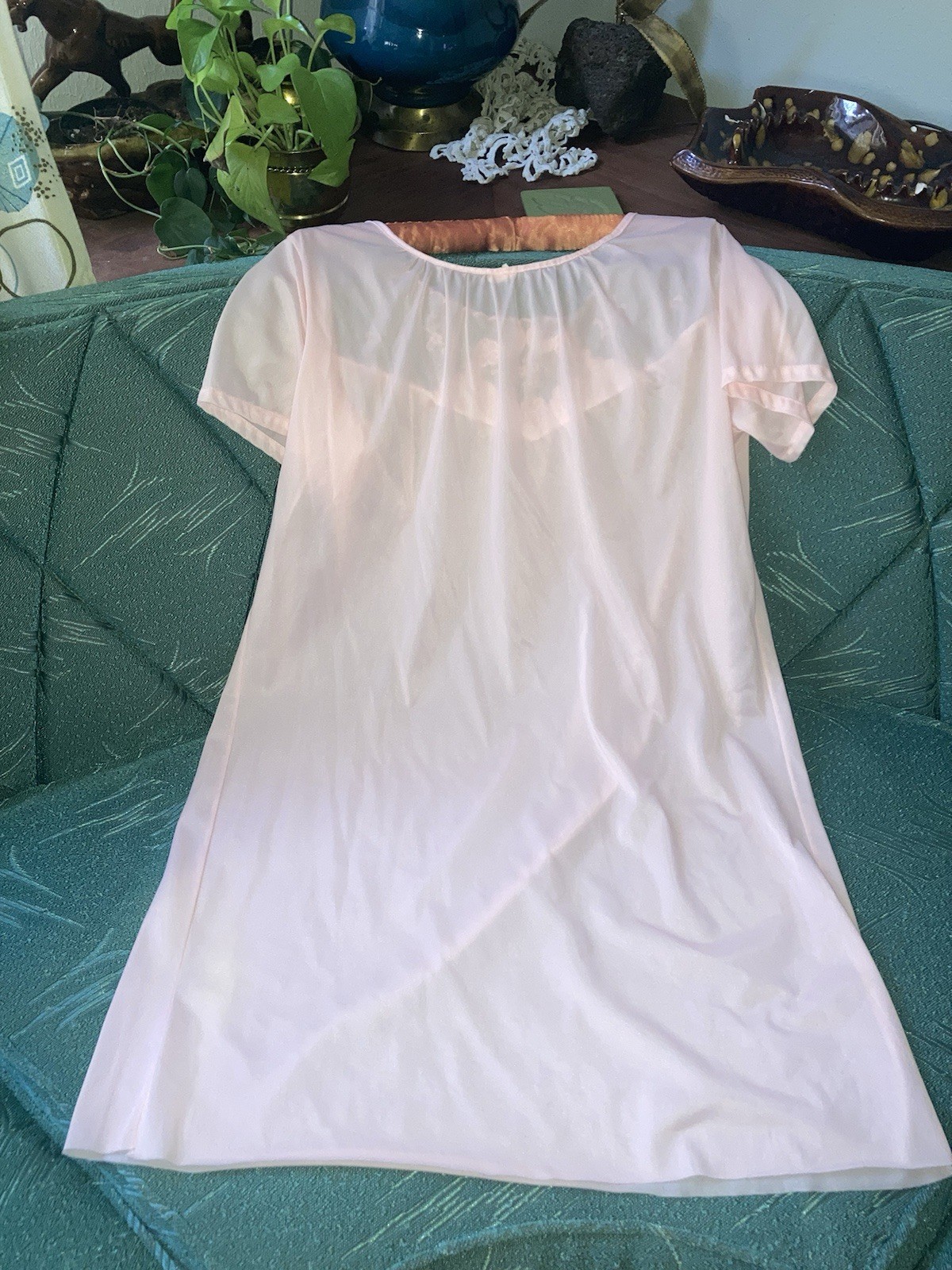 Vintage Pink babydoll Nightgown Short sleeve Floral Sheer Medium CHECK DETAILS!