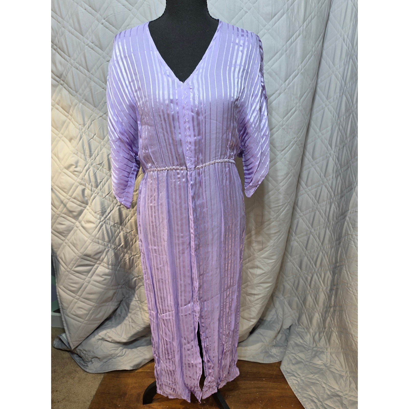 Soo Yung Lee UMI Collections Vintage 100% Silk Purple Satin Stripe Maxi Dress 4