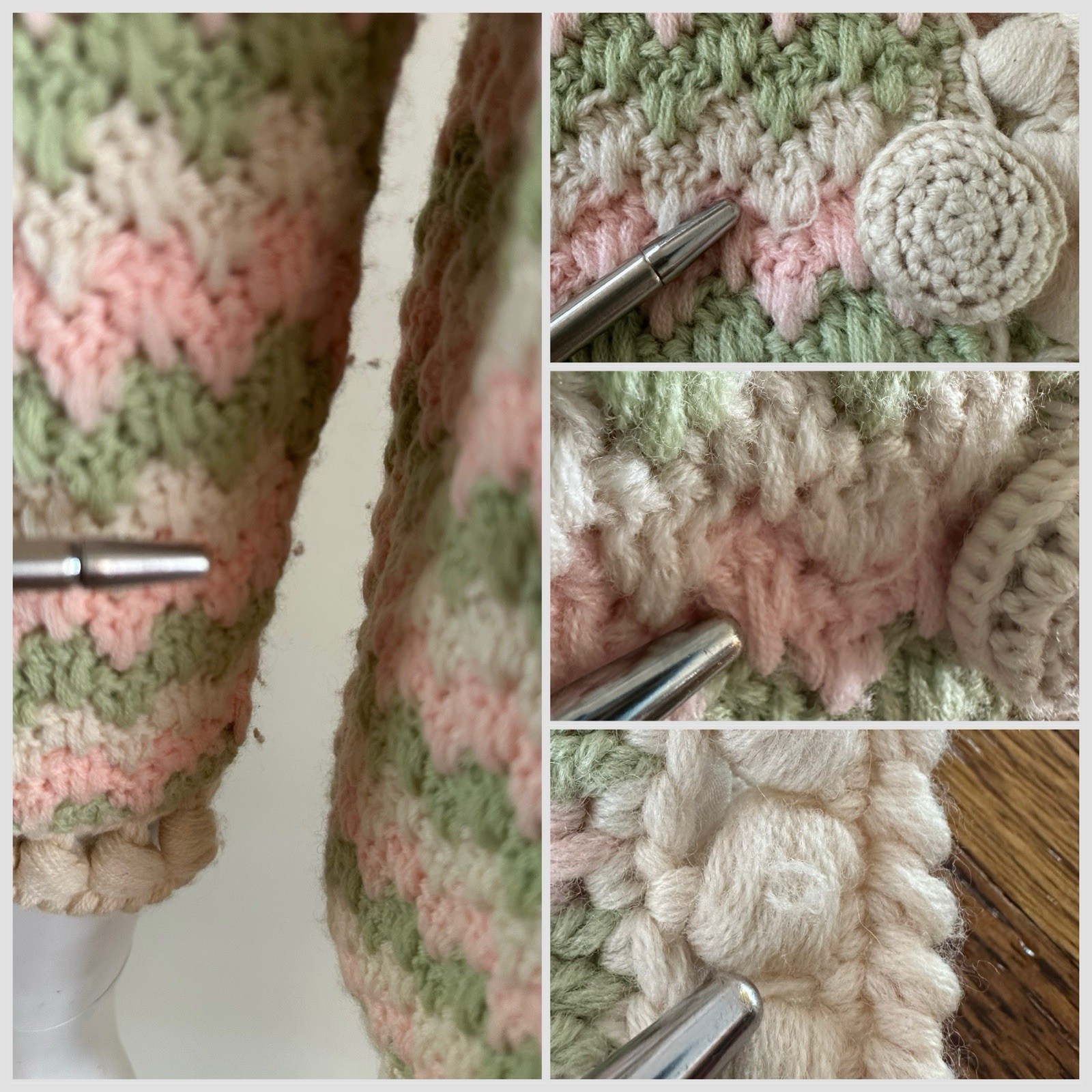 1960s Ilaria Italy Hand Knit Crochet Cardigan Popcorn Stitch Pink Green Sweater