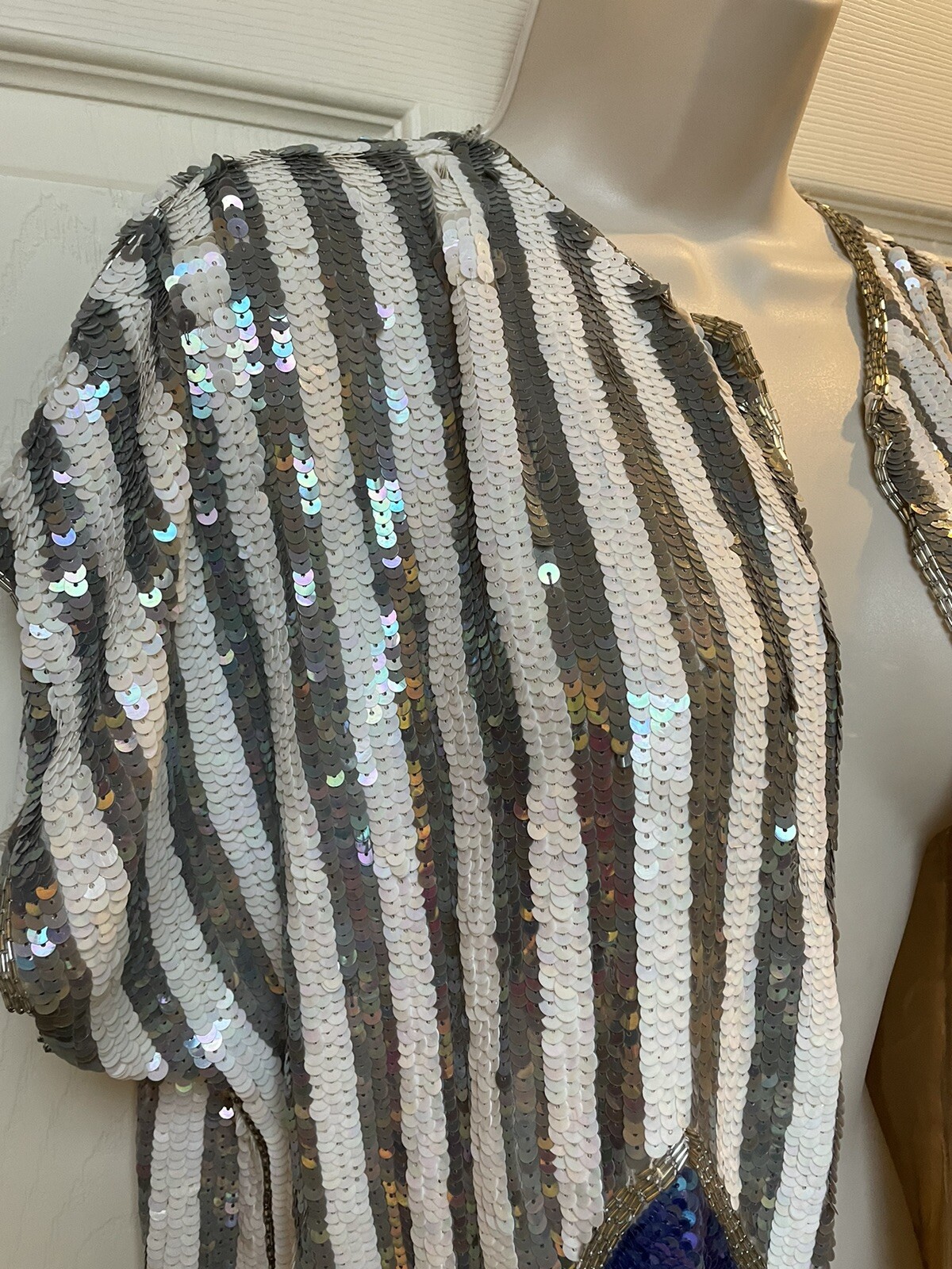 Vintage Sequin Jacket Shrug Silver White Blue Striped And Diamonds Deco Style