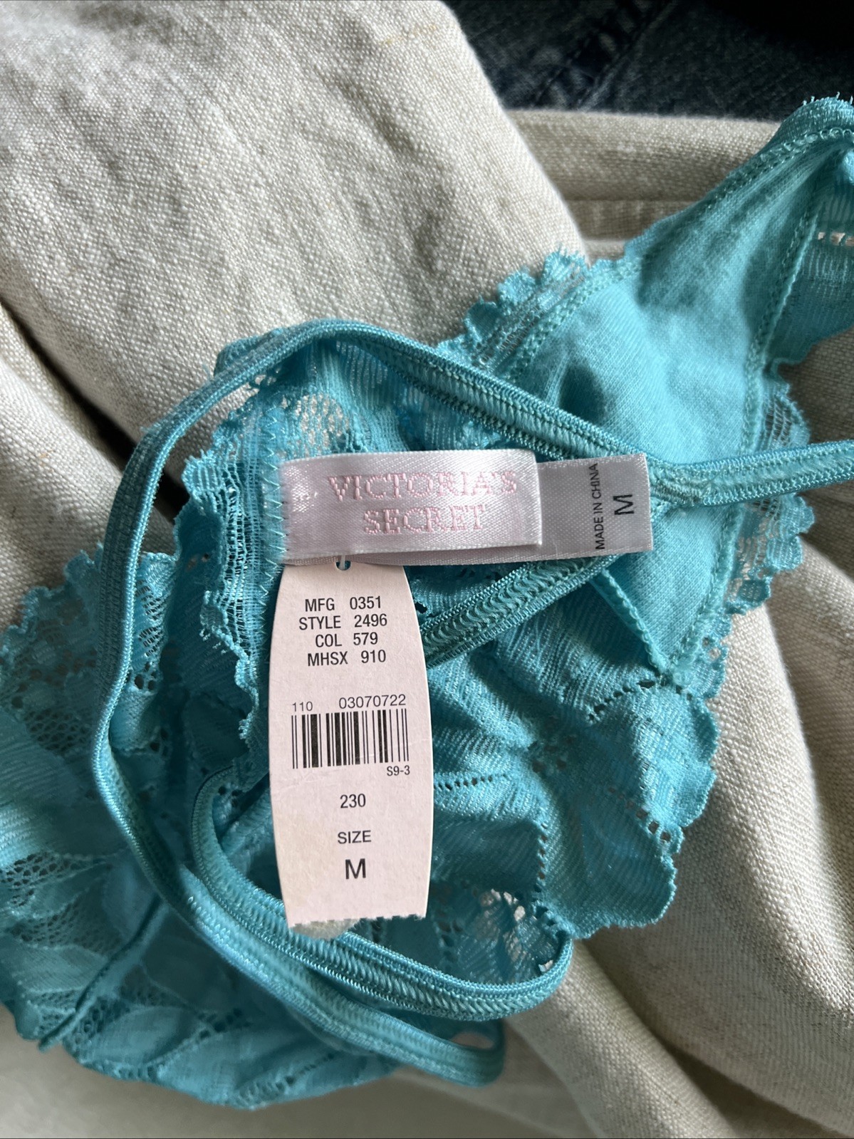 Vintage Victorias Secret 1999 Aqua Lace Mesh Thong Panty NWT Y2K 90s
