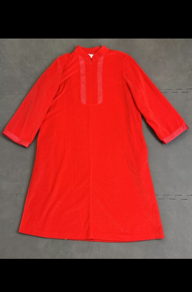 Vintage Vanity Fair Velour Zip House Coat / Robe Size Lg Red Quilted Detail