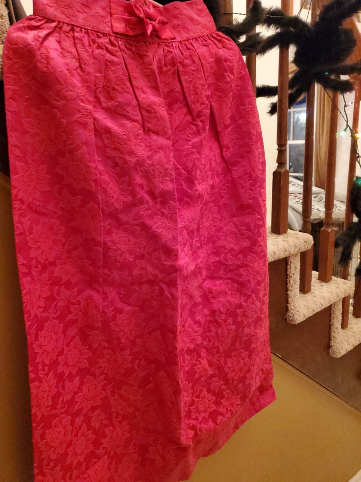 70s Long Skirt 26 In Waist Vintage Red Floral Brocade Tapestry Handmaid 39″ Long