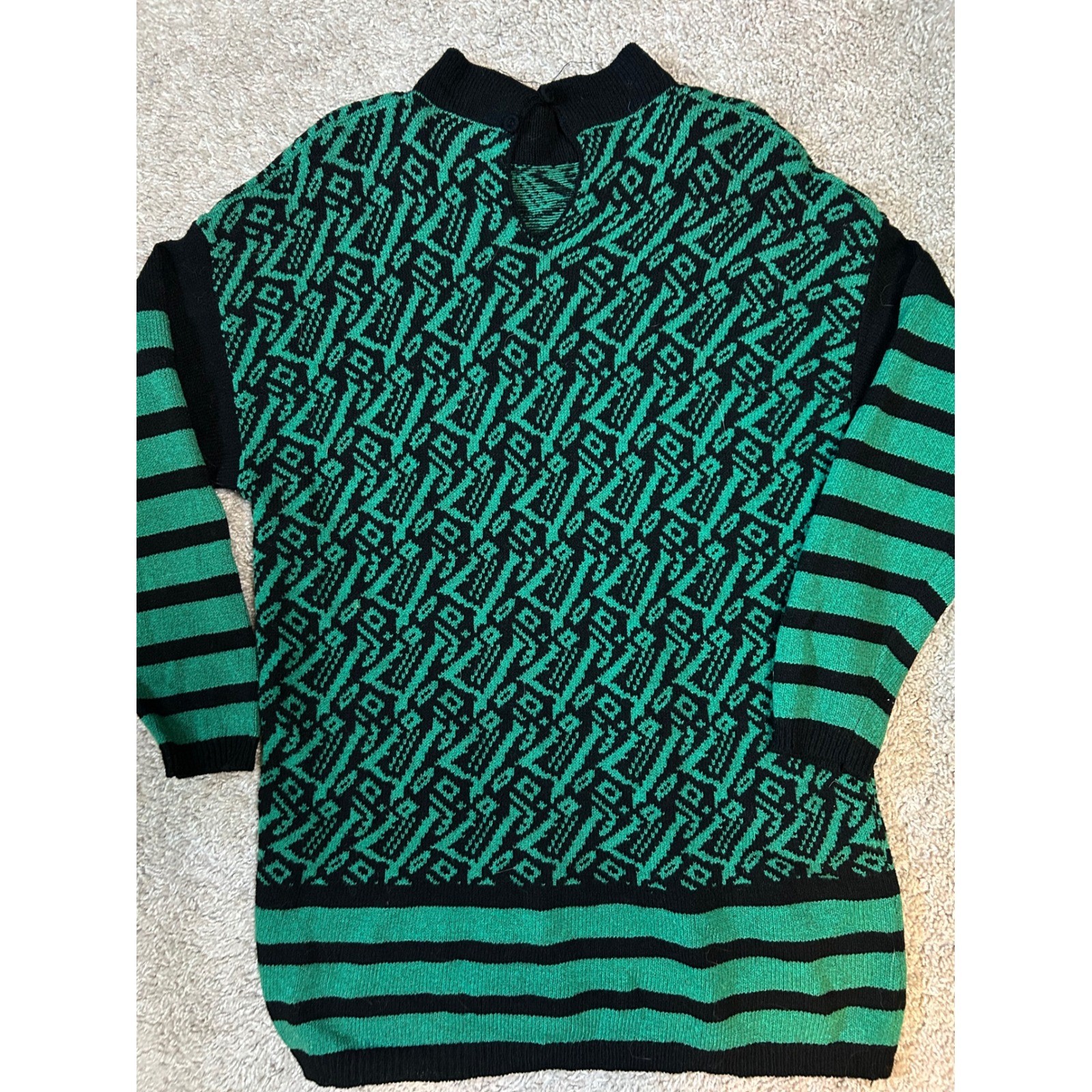 Helen Hsu Sweater Women Large Green Geometric Knit Vintage Mock Neck Soft