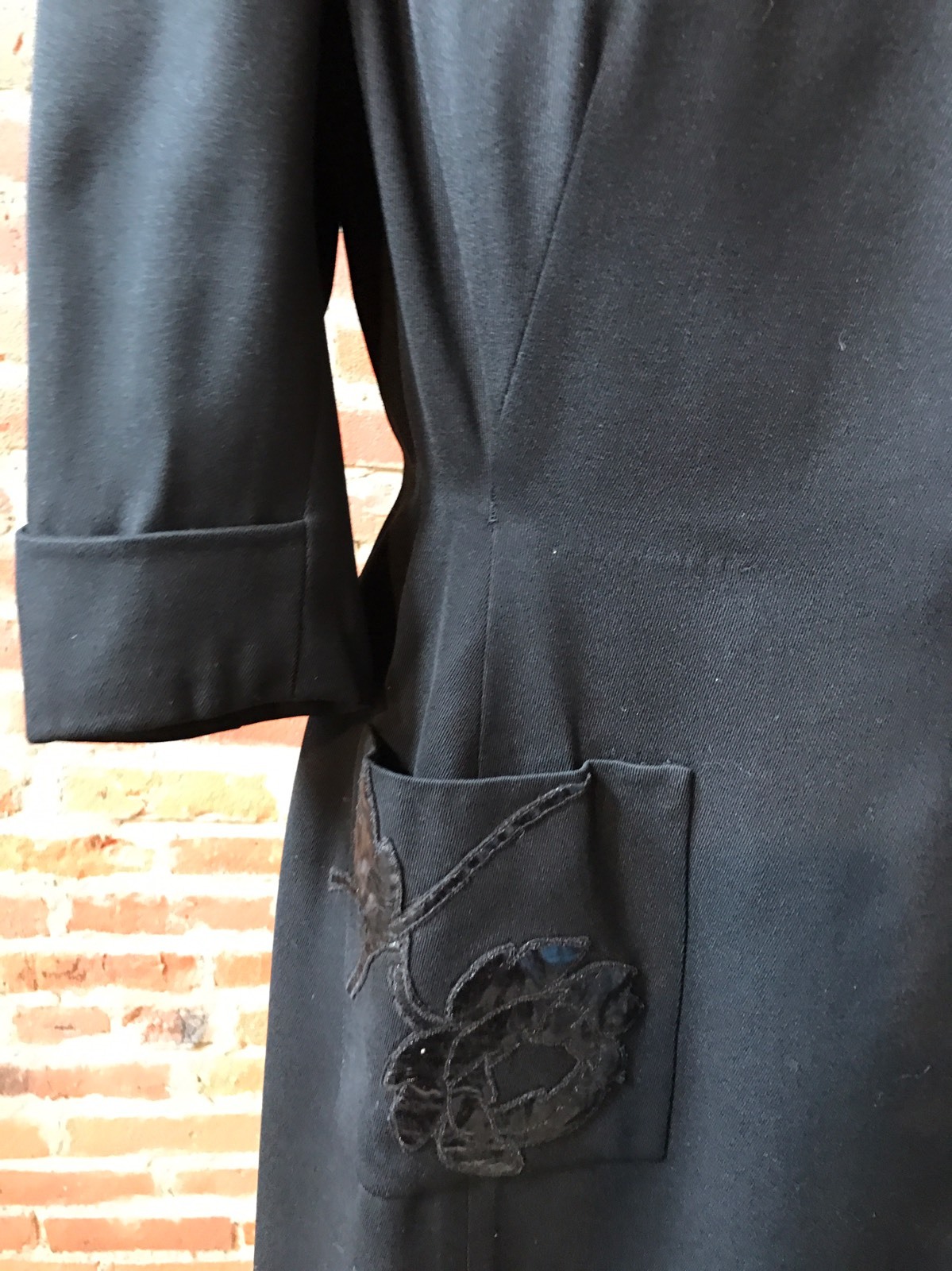 Vintage 1940’s Black Wool Dress leather Aapplique 3/4 sleeve Couture Movie Star