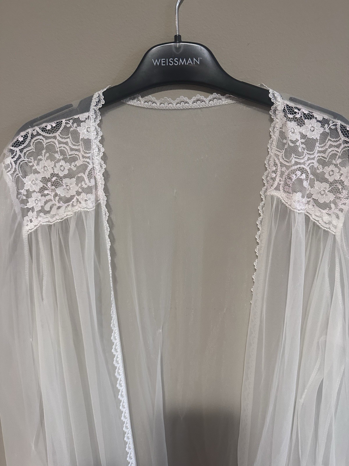 vintage Sheer White Robe With delicate lace details on the neckline and cuffs.