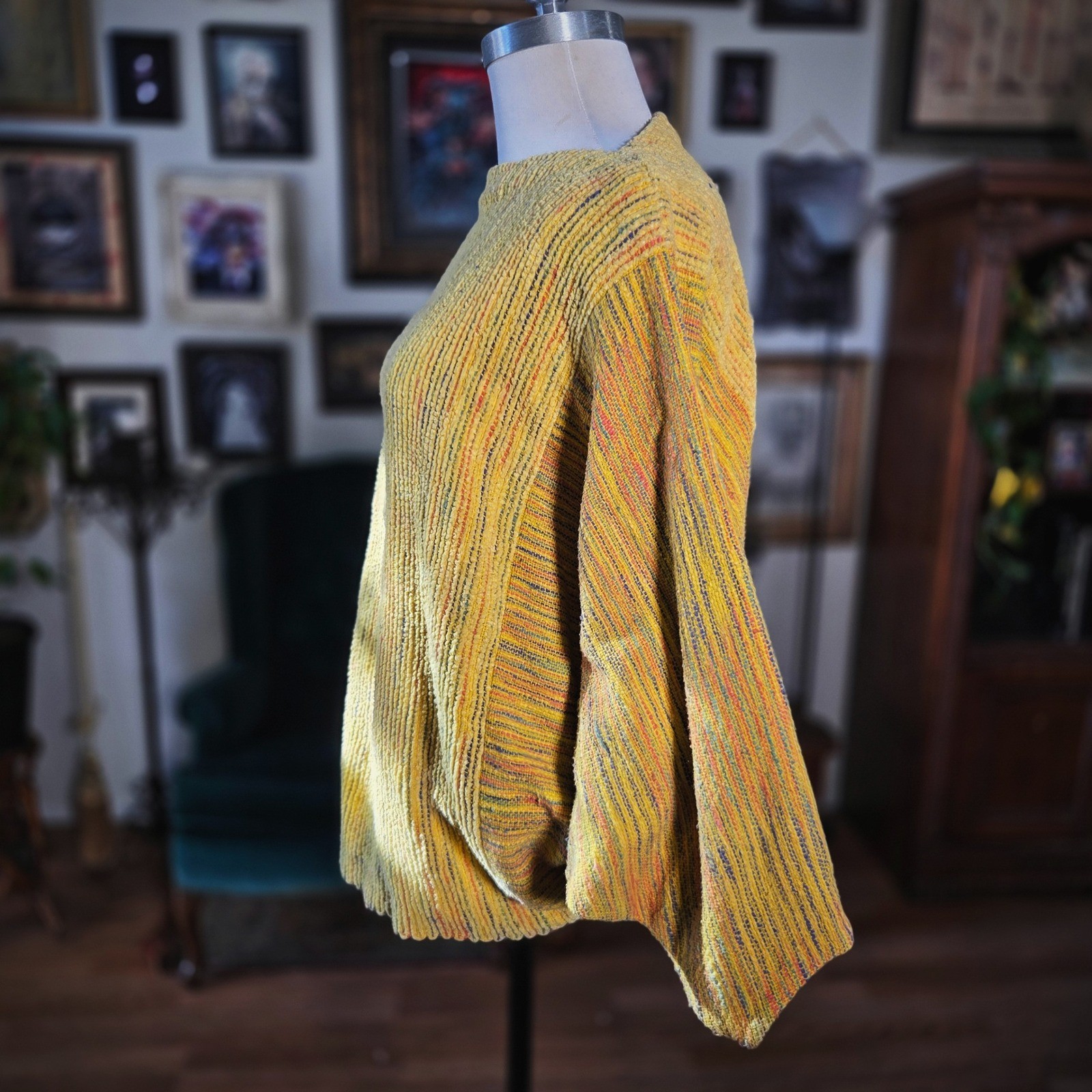 Chenille Yellow Sweater Vintage 90s Speckled Oversized Textured Dolman Sleeves L