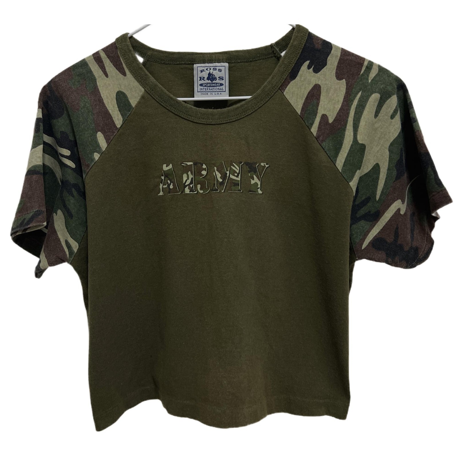 0551 Ross Sportswear USA 80’s Rare Vintage Camo Crop Tee Sz.L Womens