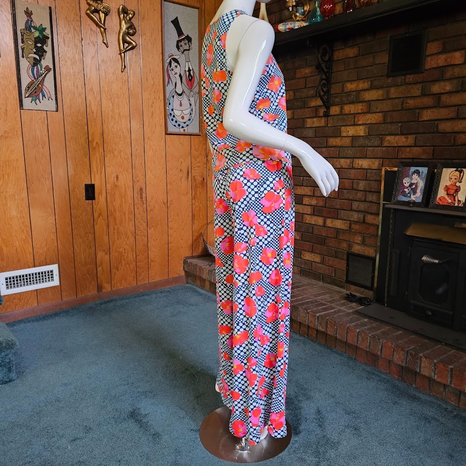 Vtg 70s Mod Op Art Bubble Psychedelic 3pc Tunic Top Wide Bellbottom Pantsuit M/L
