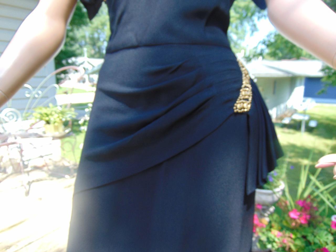 VTG 40s Ted Shore Design Black Crepe Draped & Studded Cocktail Dress 28W